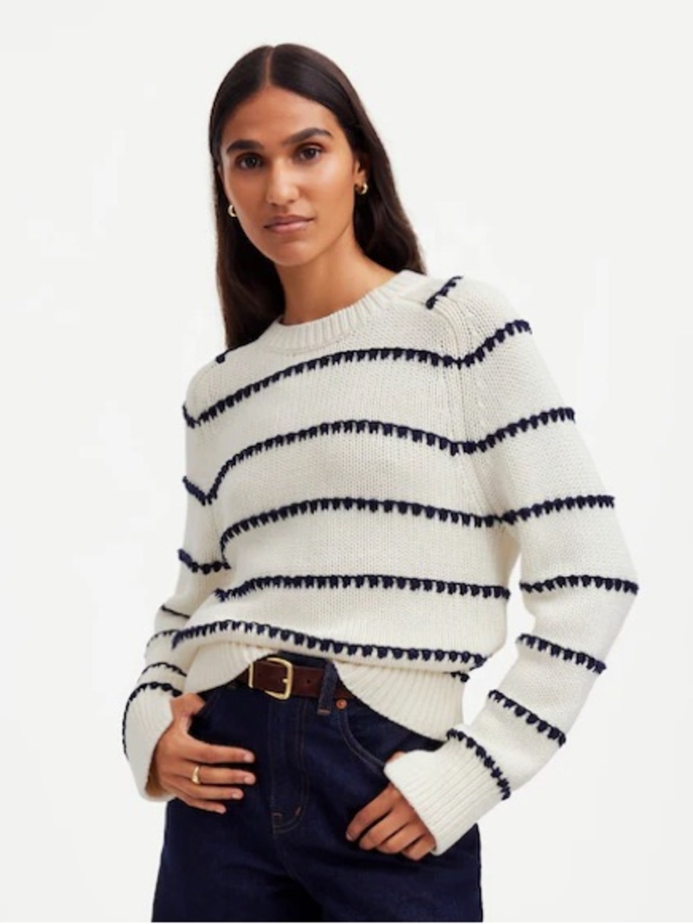 Madewell Cream & Navy Striped Crewneck Crochet Knit Cotton Sweater
